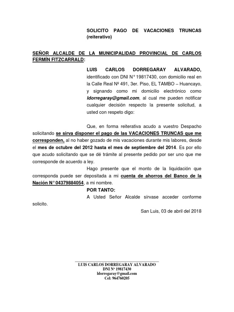 modelo solicitud Vacaciones Truncas