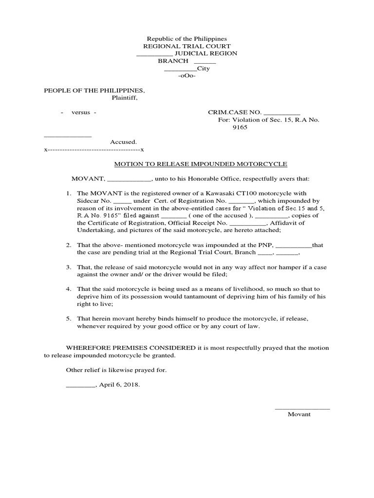 Motion to Release Impounded Vehicle Sample Format Common Law