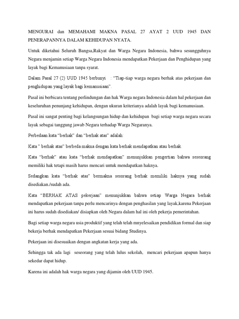 Mengurai Dan Memahami Makna Pasal 27 Ayat 2 Uud 1945 Dan Penerapannya Dalam Kehidupan Nyata