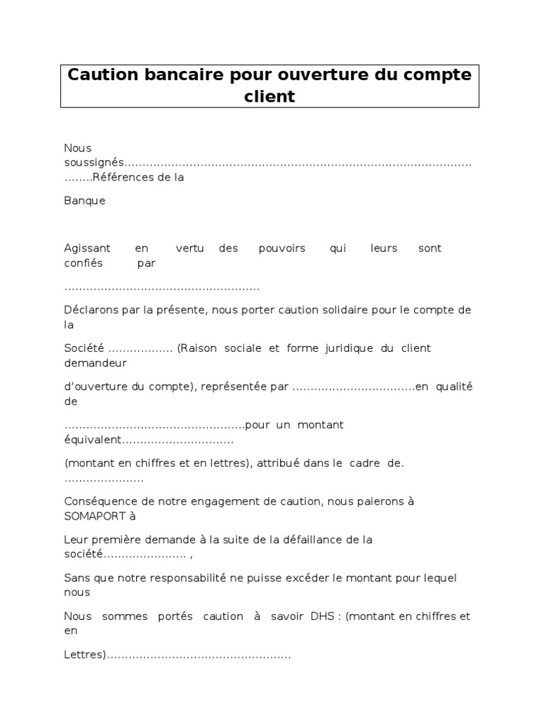 Caution Bancaire Pour Ouverture Du Compte Client