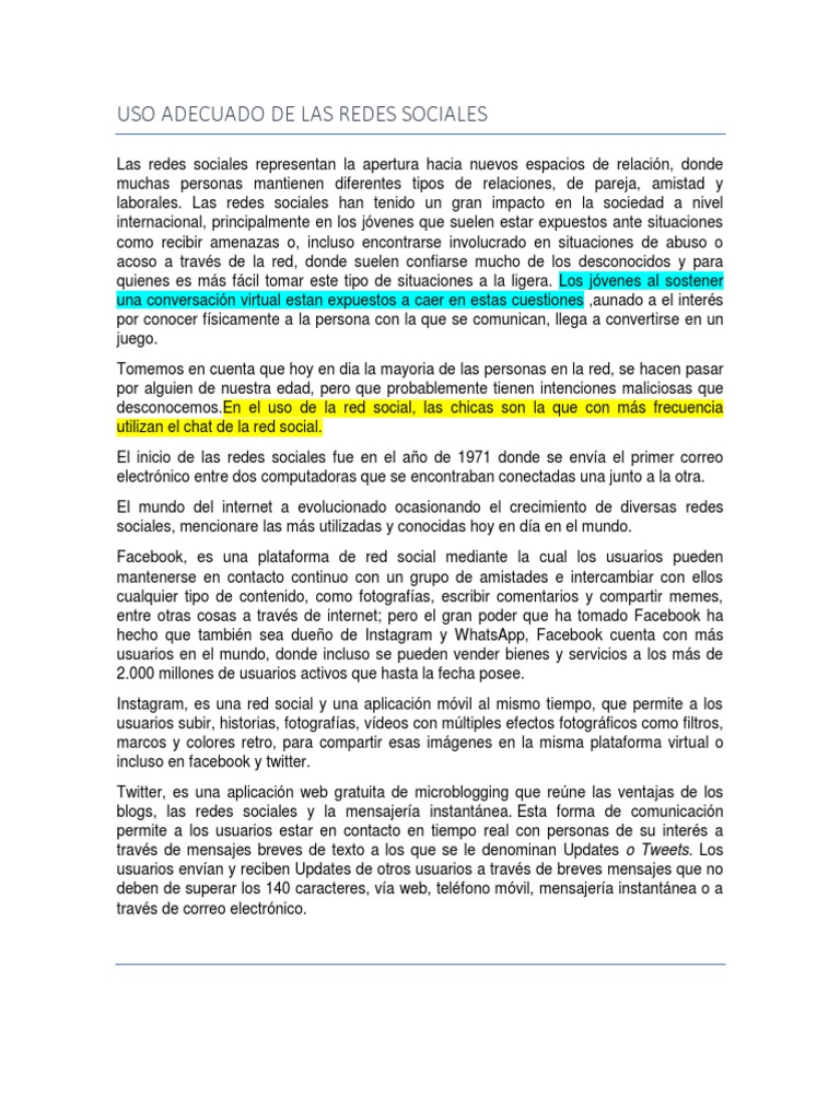 Uso Adecuado de Las Redes Sociales | PDF | Servicio de redes sociales ...