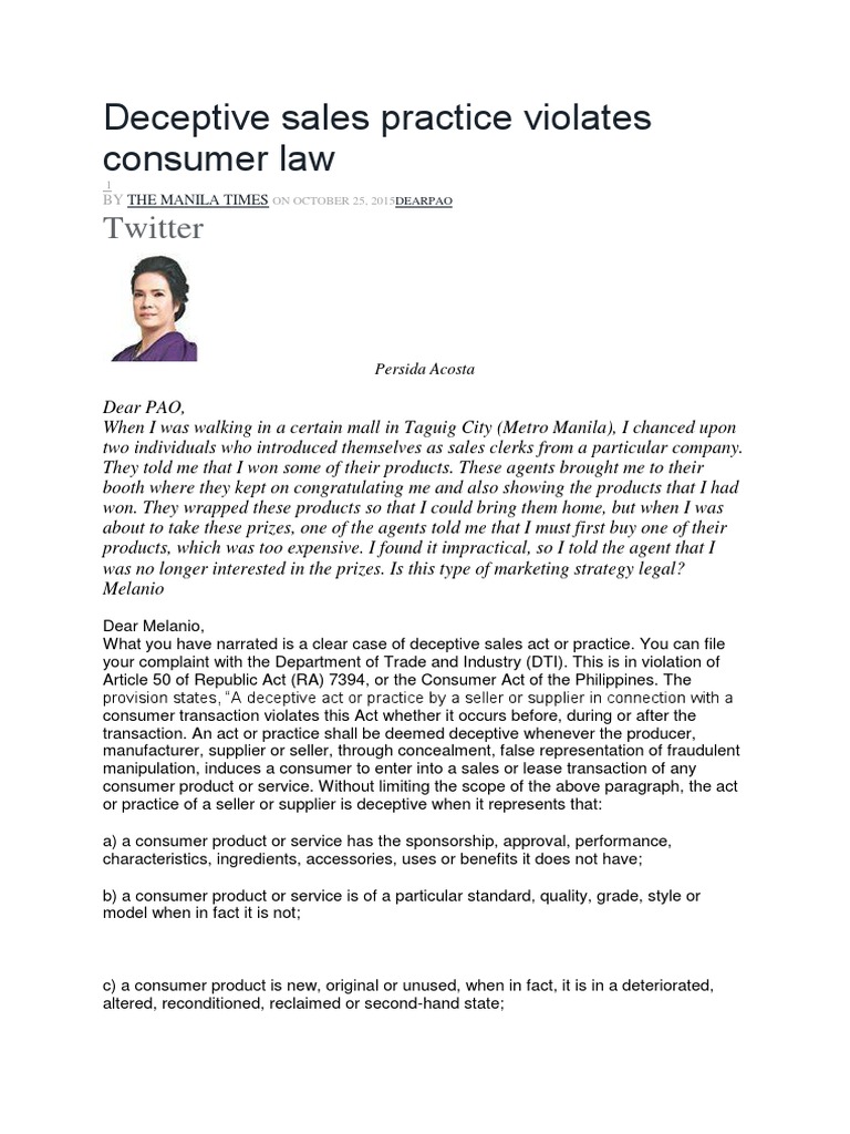 Deceptive Sales Practice Violates Consumer Law | PDF | Sales | Consumer ...