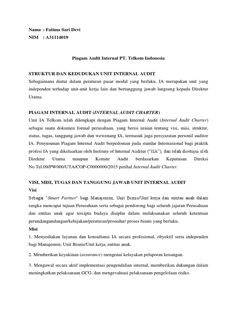 Piagam Audit Internal Pt Telkom Dan Review