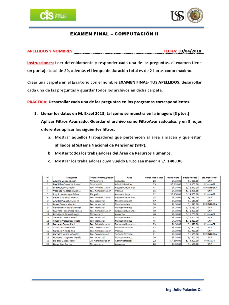 Examen Final Comp. II | PDF | Archivo de computadora | Microsoft Excel