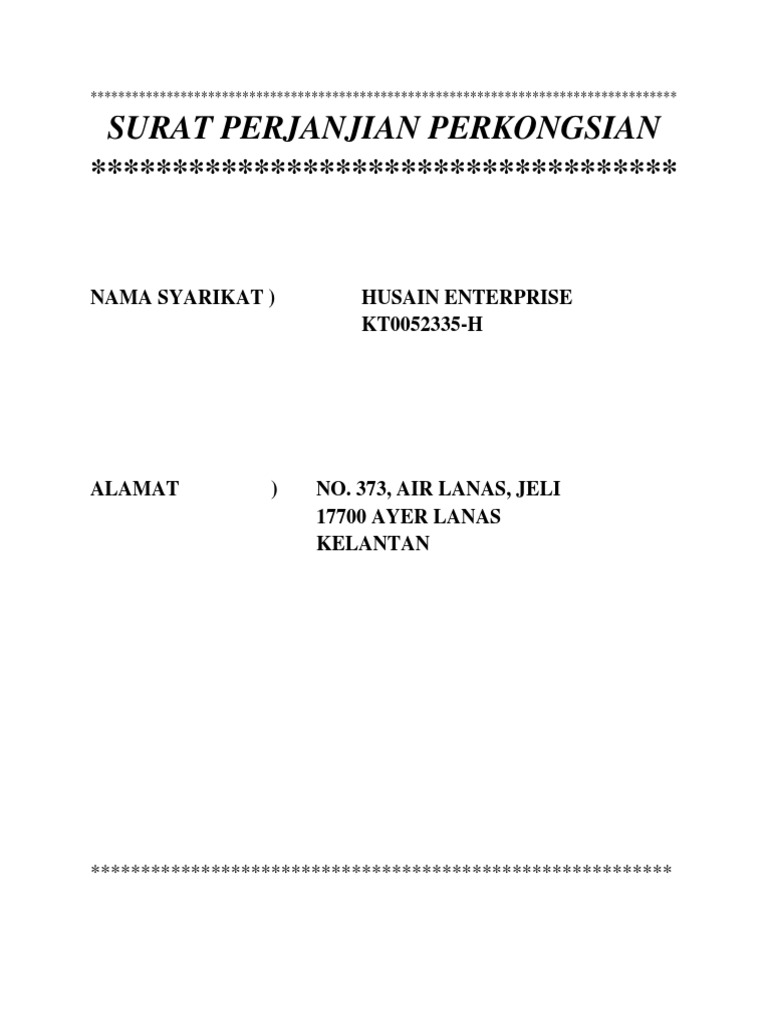 Contoh Surat Perjanjian Perkongsian Perniagaan Ringkas