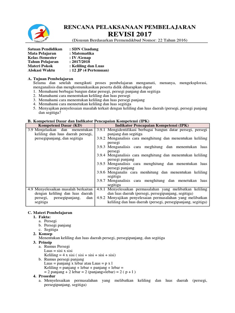 Contoh Rpp Matematika Bangun Datar Sd