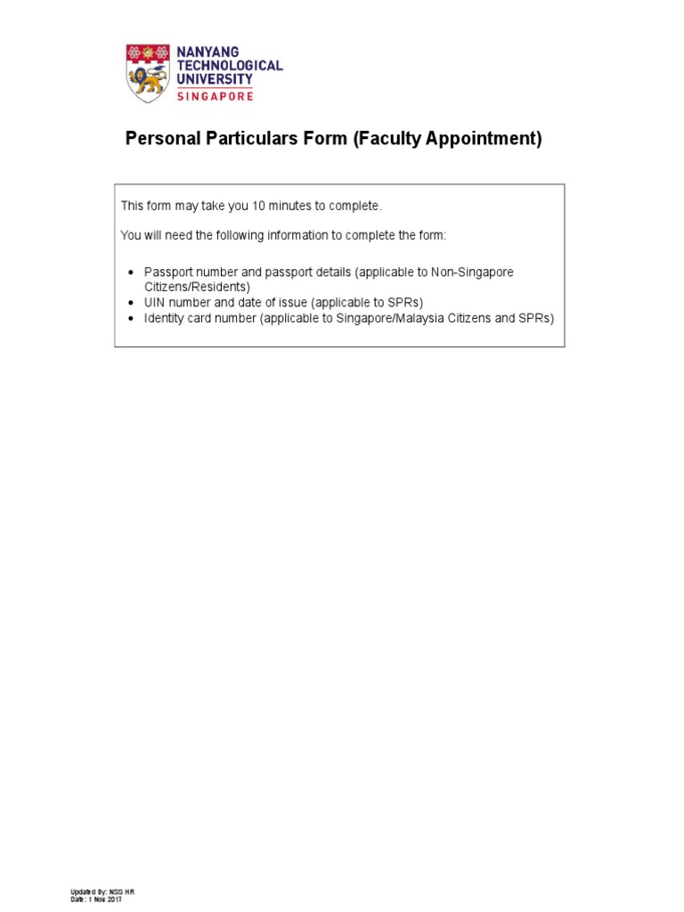Personal Particulars Form (Faculty Appointment) PDF Identity Document Government And
