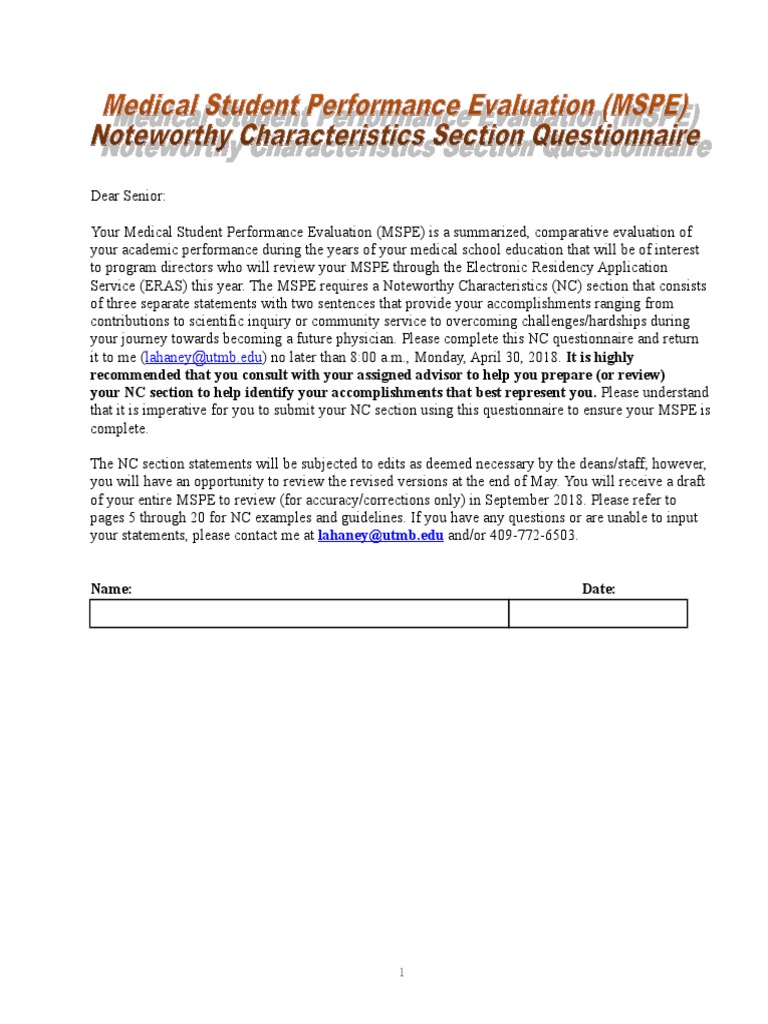 Class Of 19 Mspe Noteworthy Characteristics Questionnaire Pdf Medical School Alternative Medicine