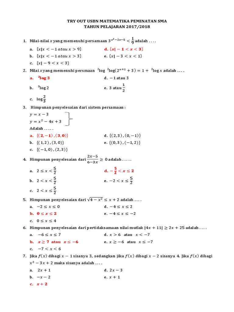Try Out Usbn Matematika Peminatan Sma Ke 1