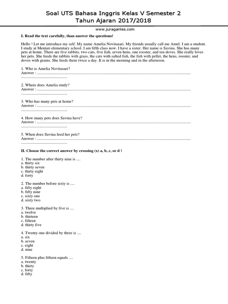 Soal UTS Bahasa Inggris Kelas 5 Semester 2 Tahun Ajaran