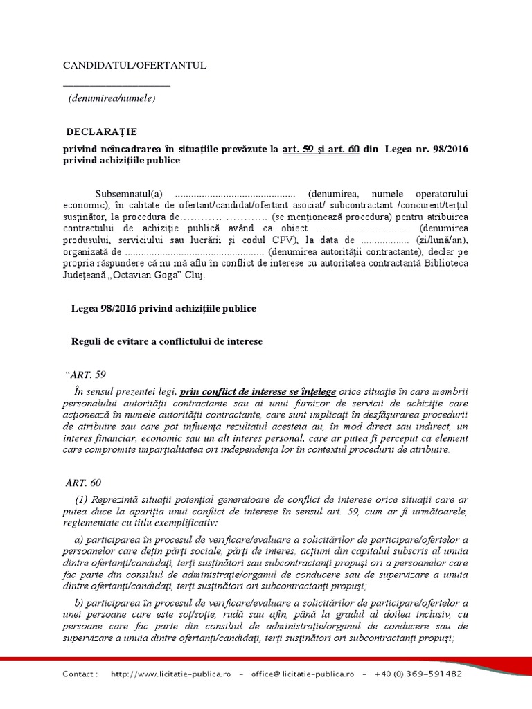 Declaratie Privind Neincadrarea In SituaÅ£iile PrevÄzute La Art 59 Si Art 60 Din Legea Nr 98 2016
