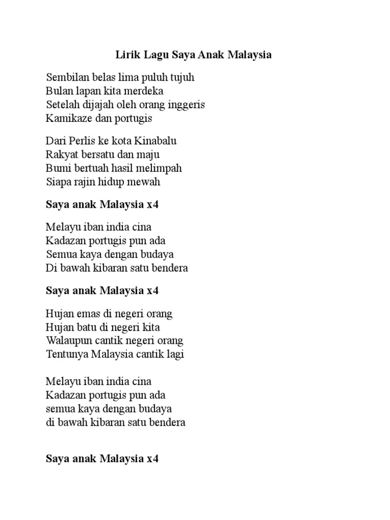 lirik saya anak malaysia