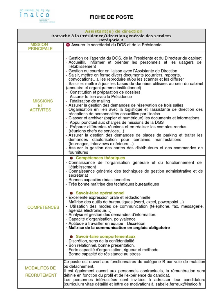 Fiche de Poste Assistant de Direction  Recrutement  Informatique et
