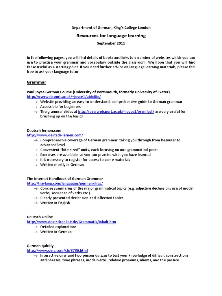 Onlineresource For German PDF | PDF | German Language | Verb