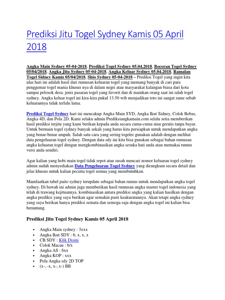 Prediksi Jitu Togel Sydney Kamis 05 April 2018