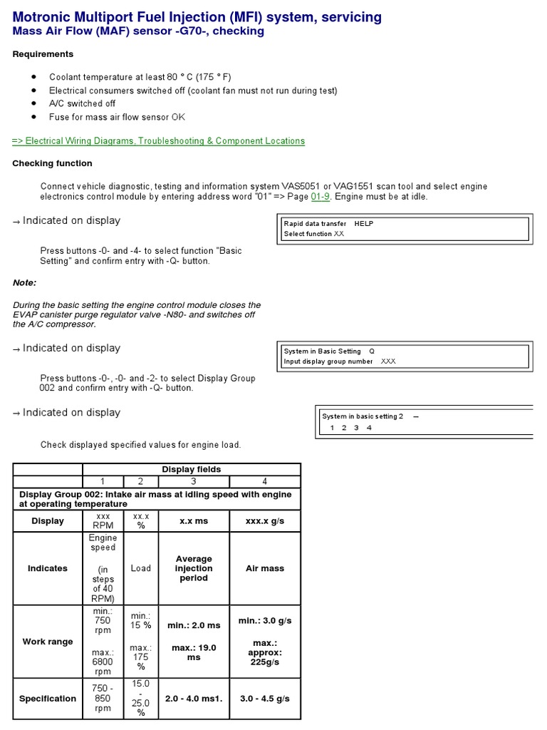 Mass Air Flow (MAF) Sensor G70 Checking PDF Electrical Connector