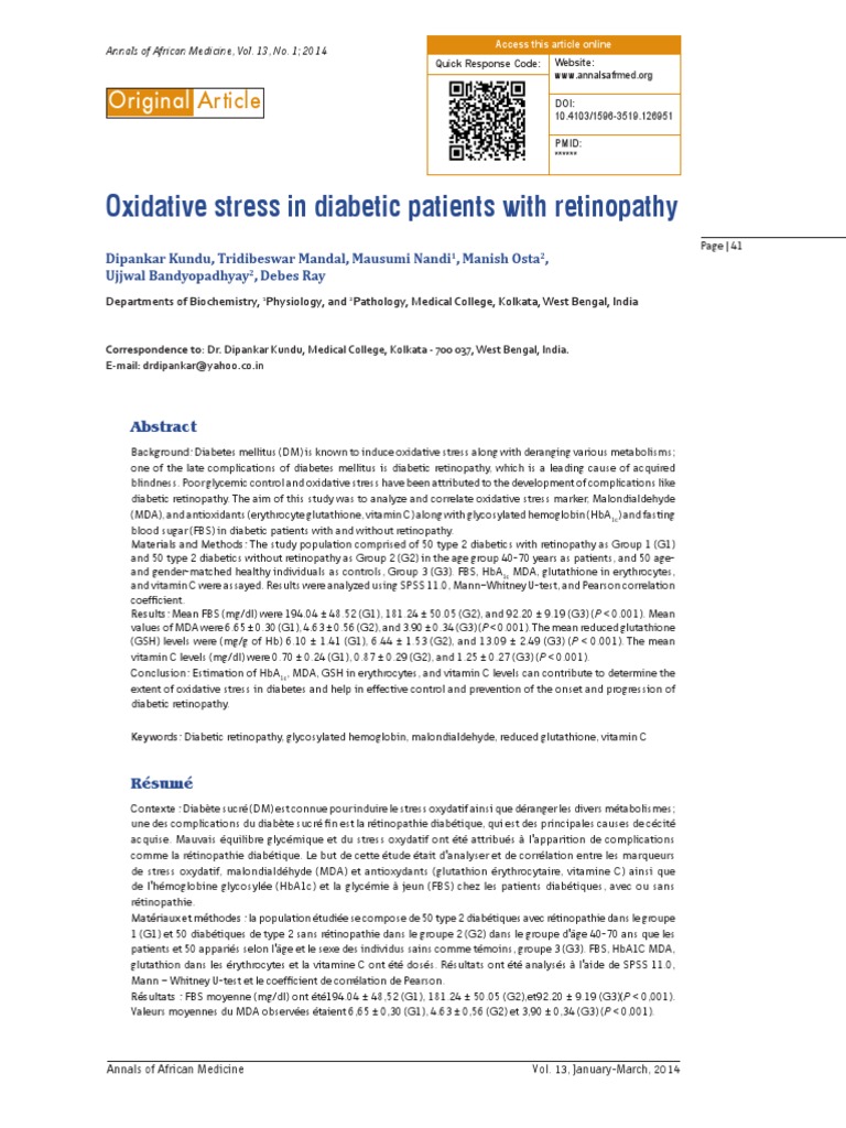 Oxidative Stress in Diabetic Patients With Retinopathy: Original | PDF ...
