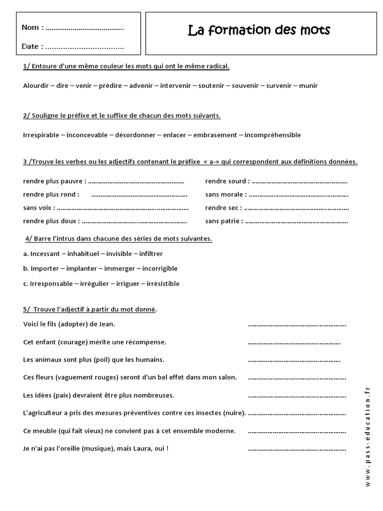 Exercices Expansion Du Nom 4ème à Imprimer Suffixes Préfixes 4ème Exercices Sur La Formation Des Mots | PDF