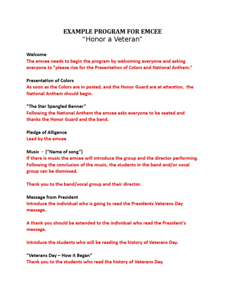 Veterans Day Emcee Program Script | PDF | Language Arts & Discipline ...