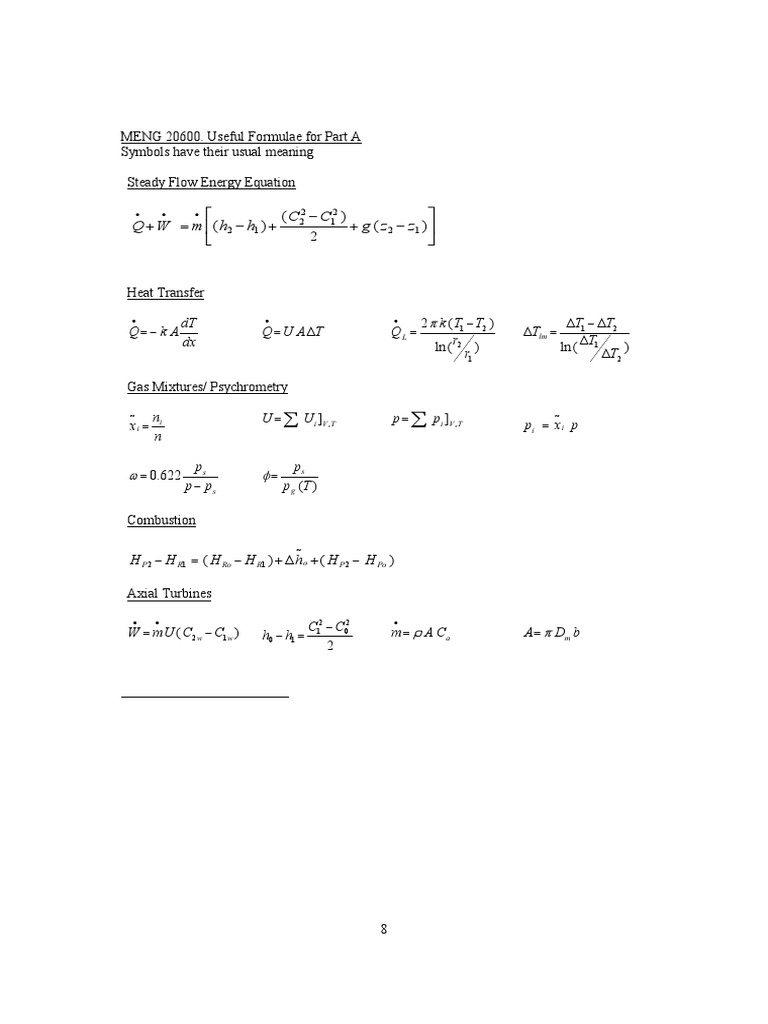 Thermofluids 2 Formula List | PDF