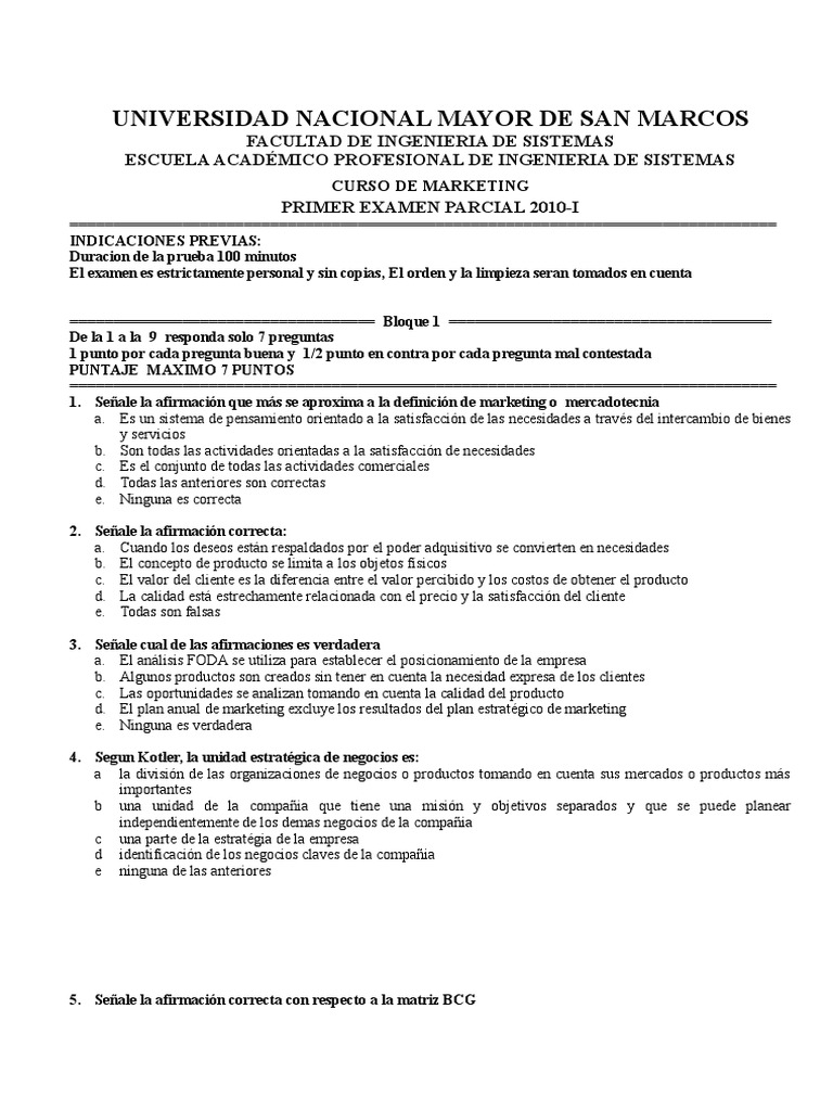 Examen Parcial de Marketing 2010-I | PDF | Marketing | Mercado (economía)