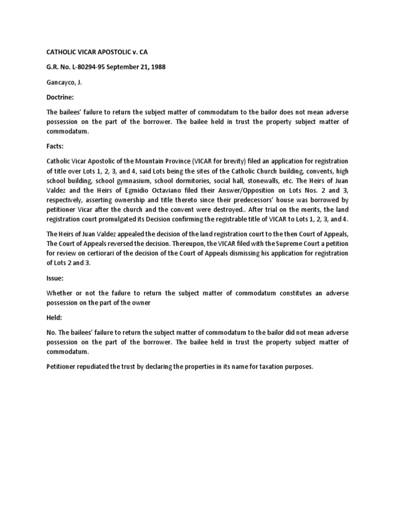 Commodatum and Adverse Possession Cases | PDF | Usury | Loans