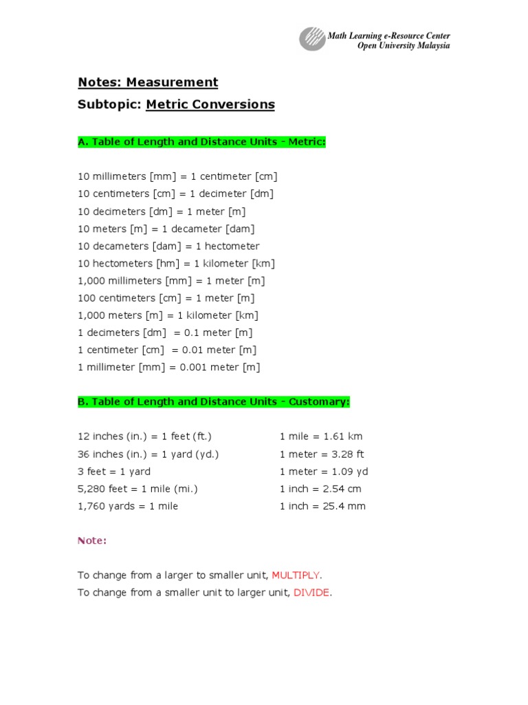 Metric Length Conversion Guide | PDF | Teaching Methods & Materials ...