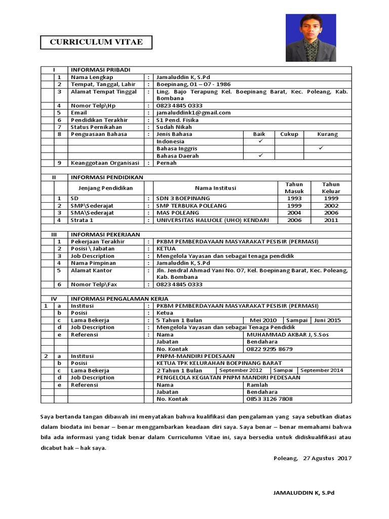 Curriculum Vitae Contoh Daftar Riwayat Hidup