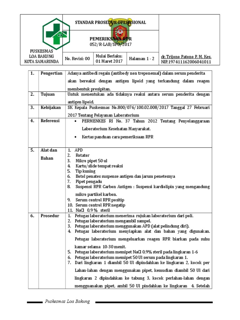 Prosedur Pemeriksaan RPR di Puskesmas | PDF
