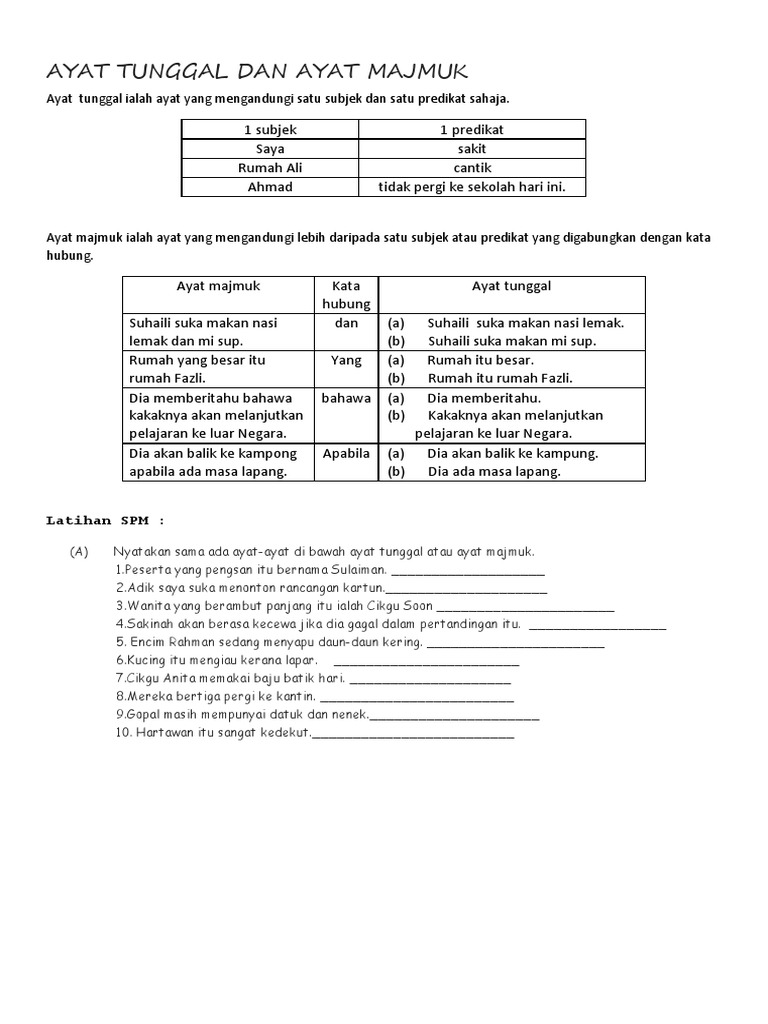 Ayat Tunggal Dan Ayat Majmuk Pdf