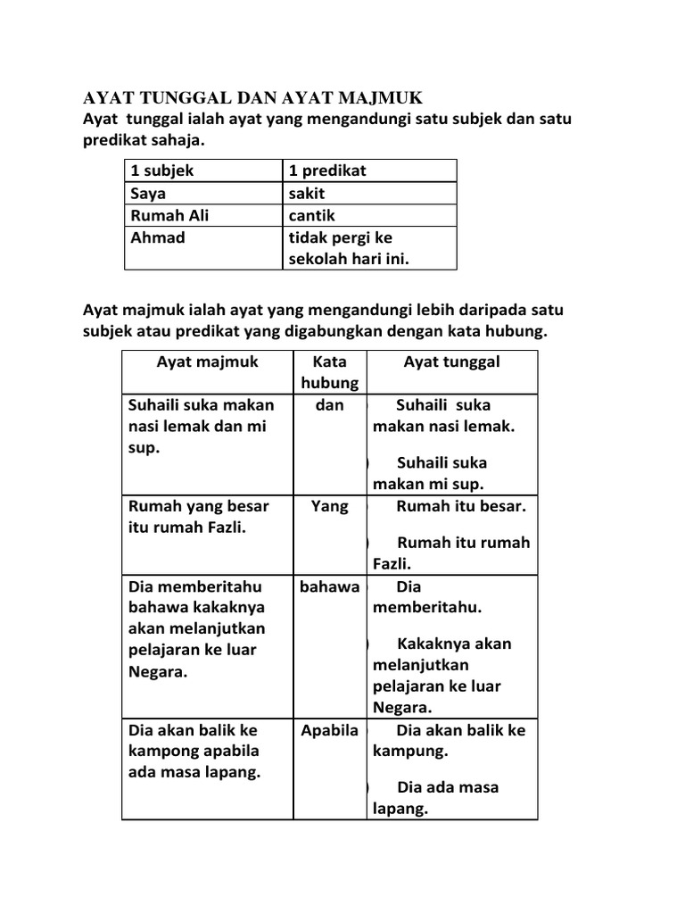 Ayat Tunggal Dan Ayat Majmuk Pdf