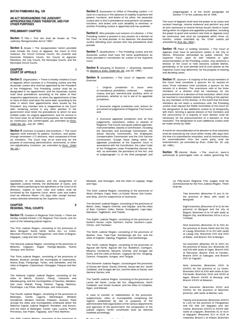 Batas Pambansa BLG 129 | PDF | Constitutional Law | Legal Procedure