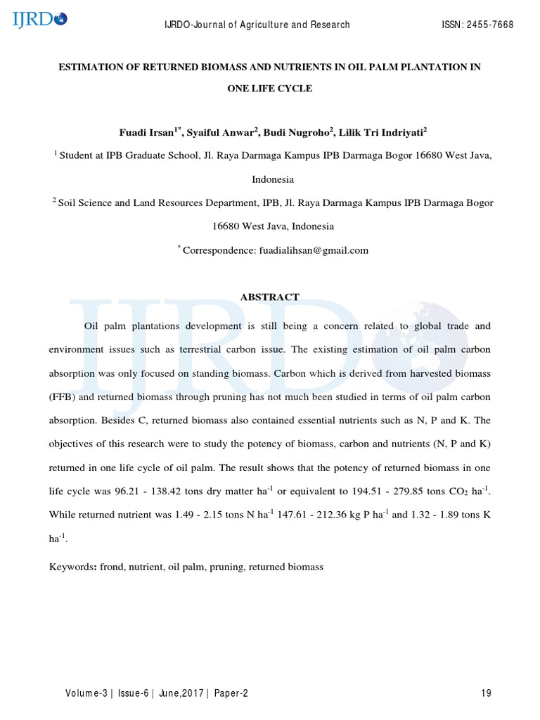 Estimation of Returned Biomass and Nutrients in Oil Palm Plantation in ...