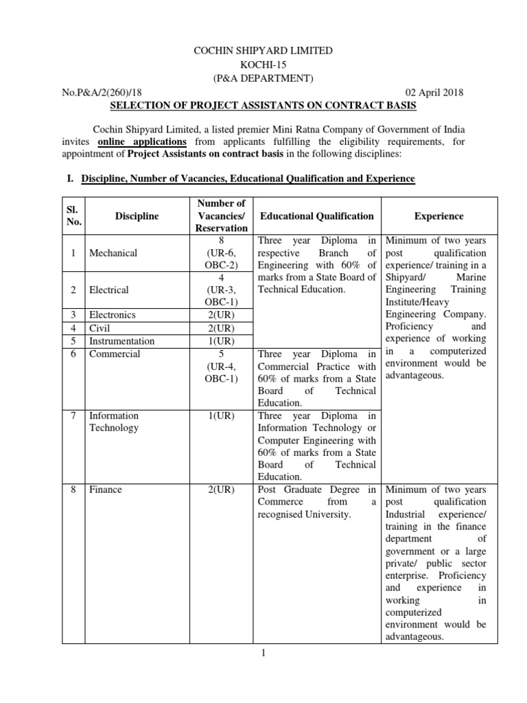 Official Notification For Cochin Shipyard Recruitment | PDF | Diploma ...