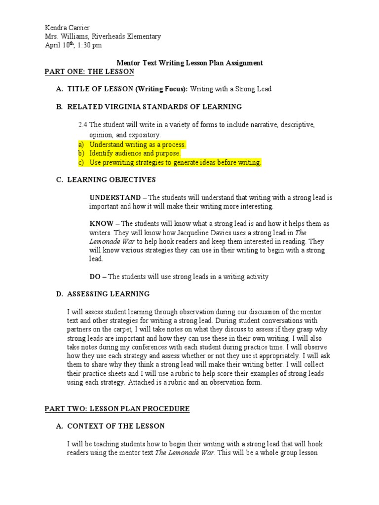 Writing and Mentor Text Lesson The Lemonade War PDF Mentorship