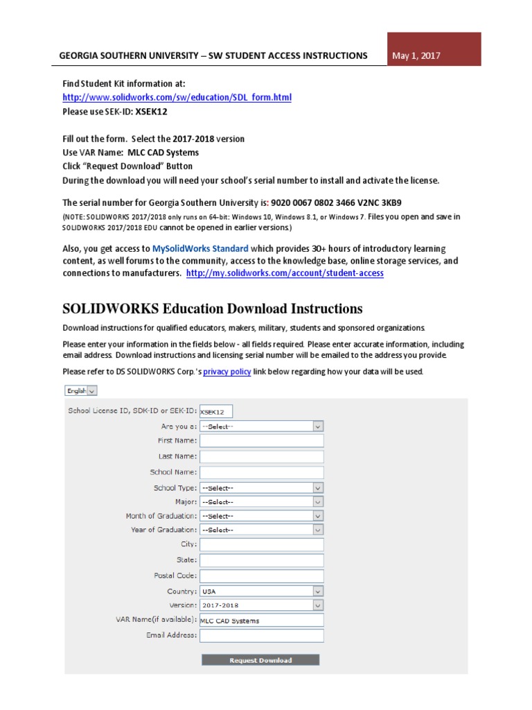 SolidWorks Student Access Instructions | PDF