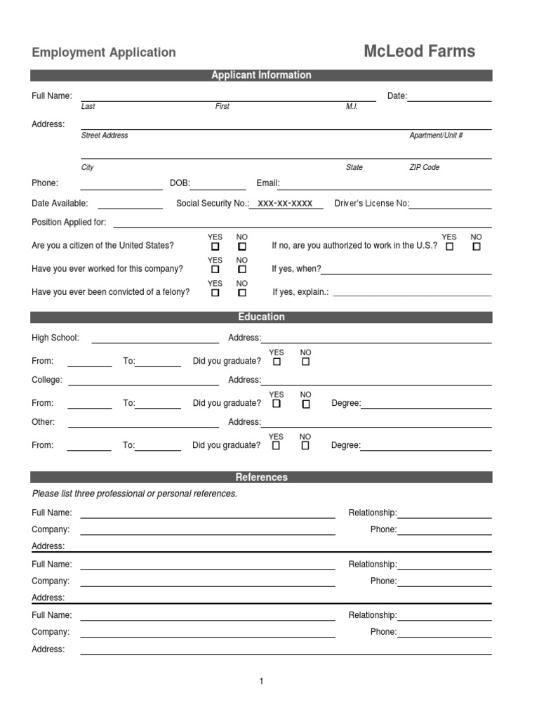 Employment Application McLeod Farms PDF Identity Document Government