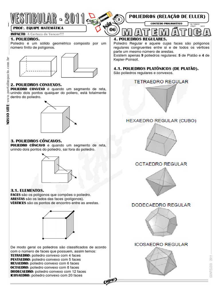 Aula6 Poliedros-Relacao de Euler | PDF | Euclides | Objetos geométricos