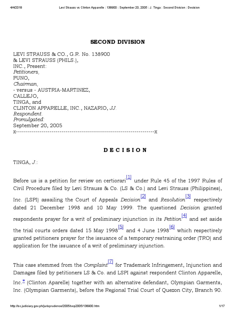 Levi Strauss vs Clinton Apparelle trademark infringement case PDF