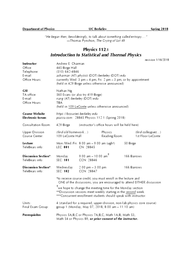 Physics 112 Pdf Statistical Mechanics Thermodynamics