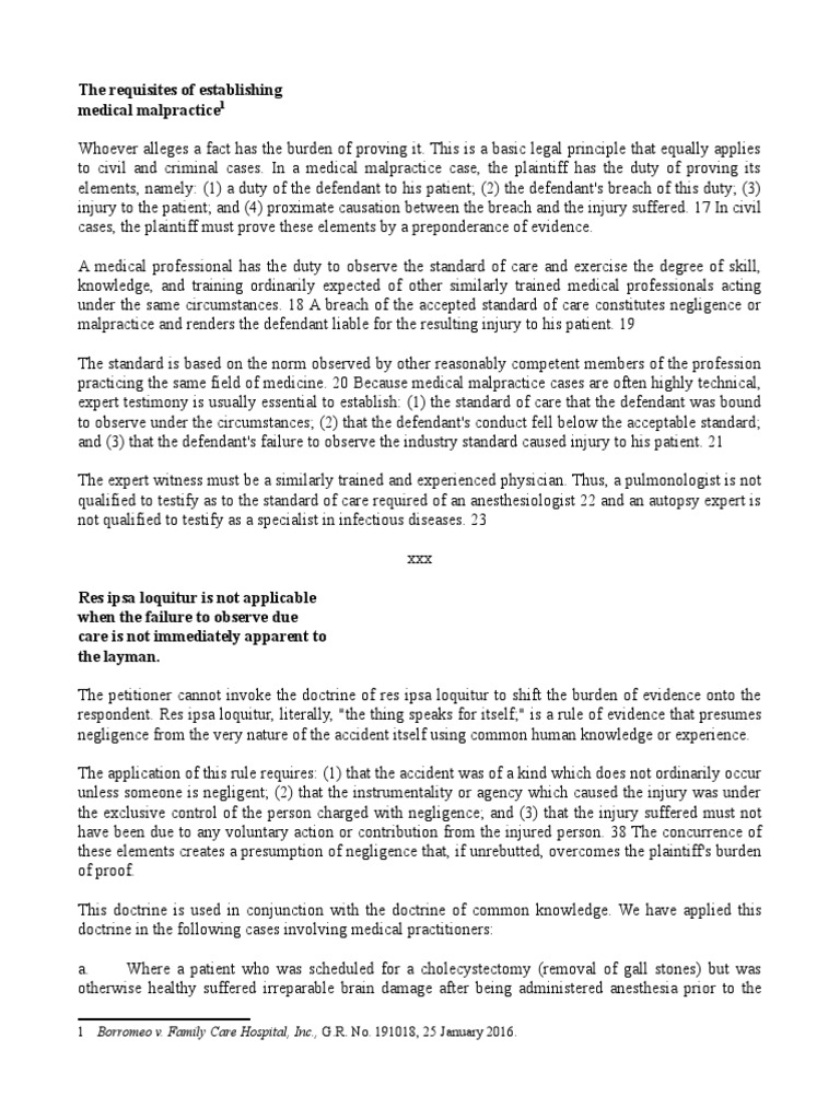 Medical Malpractice Philippine Jurisprudence PDF Standard Of Care