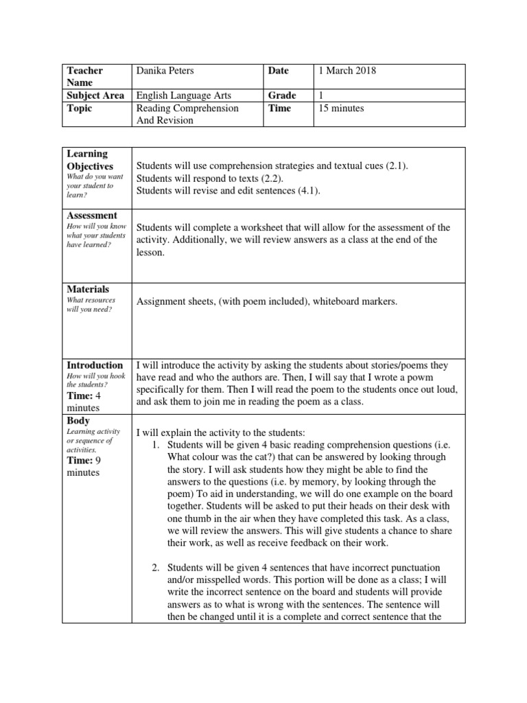 Grade 1 Reading Comprehension Lesson | PDF | Reading Comprehension ...