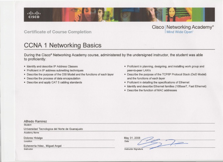 CCNA 1 Networking Basics: Certificate of Course Completion | PDF
