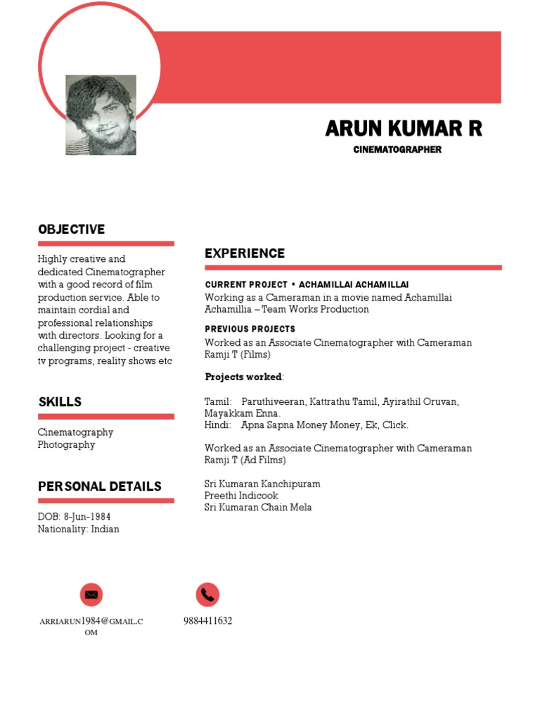 Cinematographer Arun Kumar R Profile | PDF