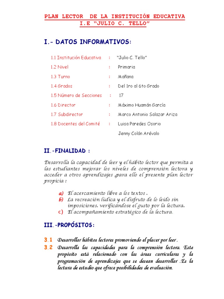 Plan Lector I.E. Julio C. Tello | PDF | Lectura (proceso) | Comprensión ...