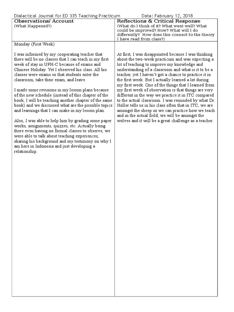 ED 335 Teaching Practicum Journal | PDF
