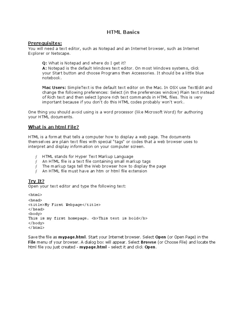 Prerequisites:: HTML Basics | PDF | Html Element | Html