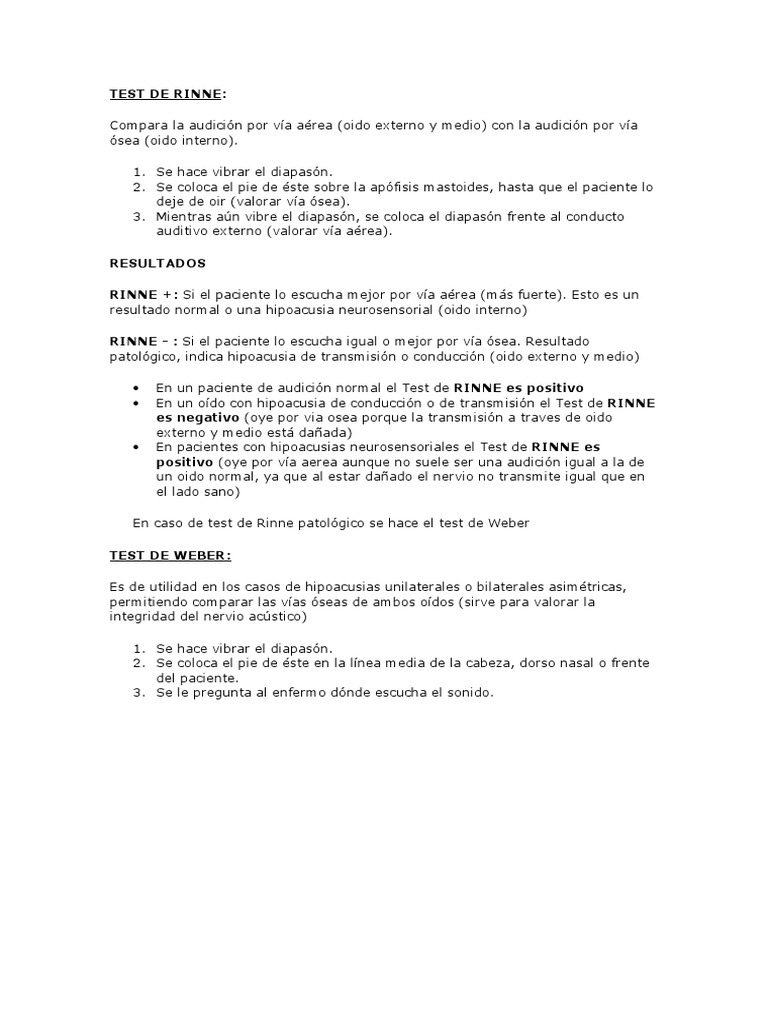 Interpretación de Test de Rinne y Weber | PDF | Escuchando | Oído