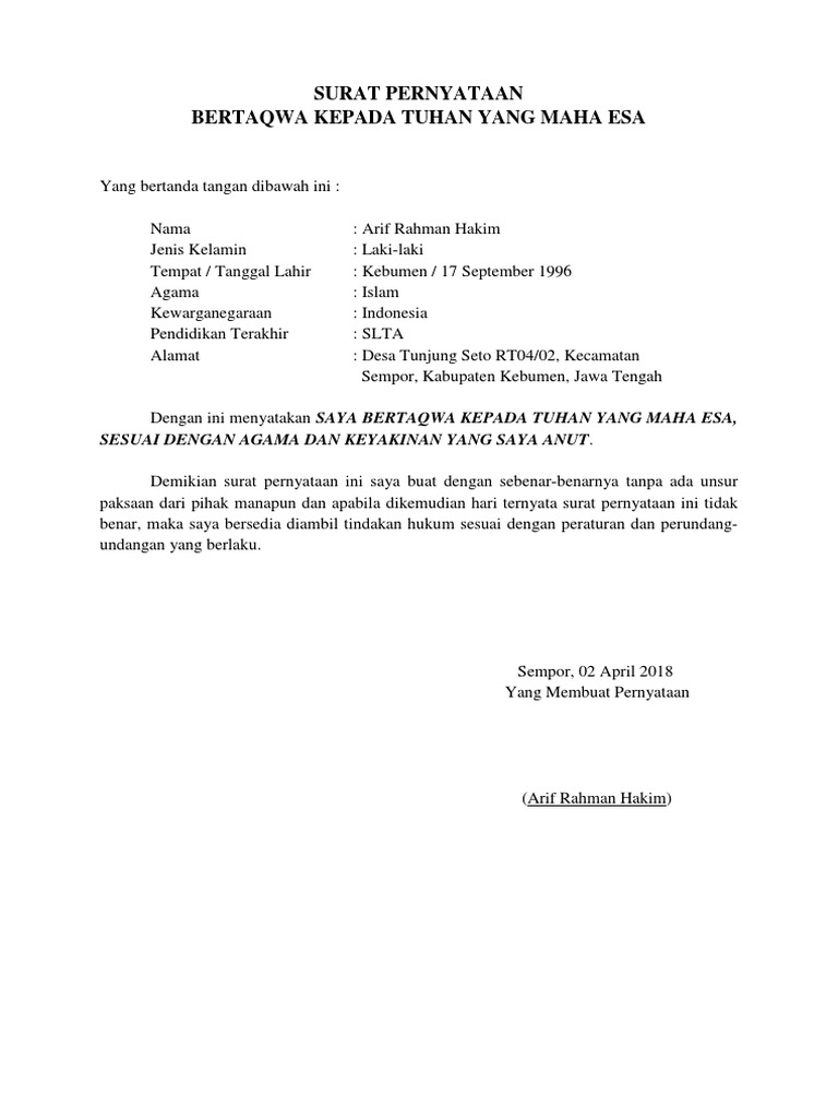 Pelajari Contoh Surat Pernyataan Bertaqwa Kepada Tuhan Yang Maha Esa Bermaterai Terbaik 