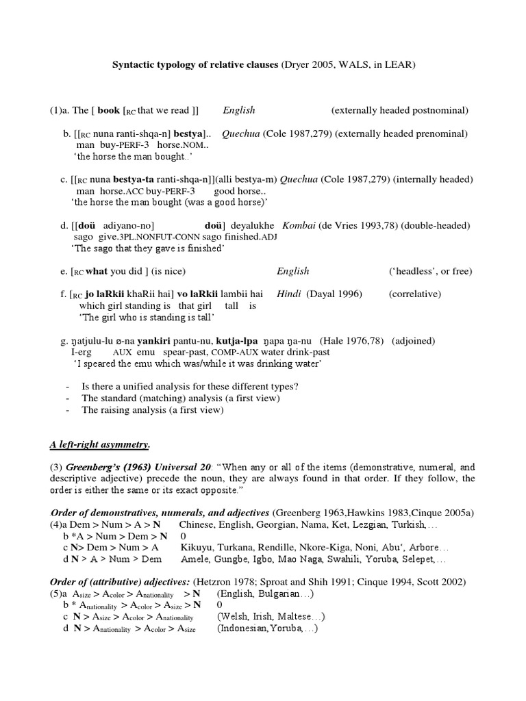 Syntactic Typology of Relative Clauses (Dryer 2005, WALS, in LEAR